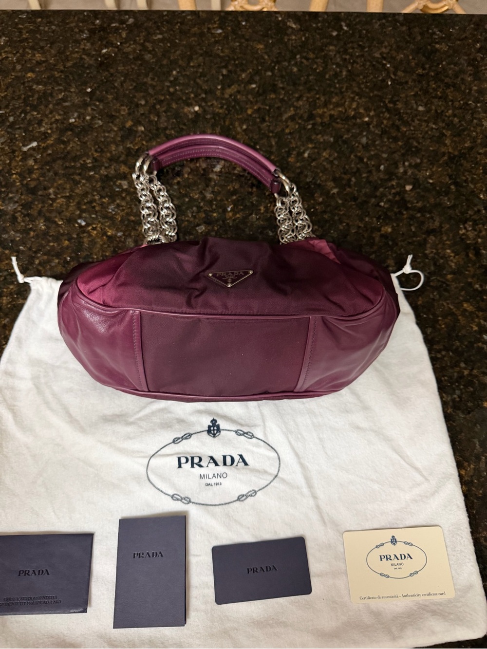 Prada Two-Tone Plum Satin Shoulder Bag with Chain Handles - Picture 3 of 14